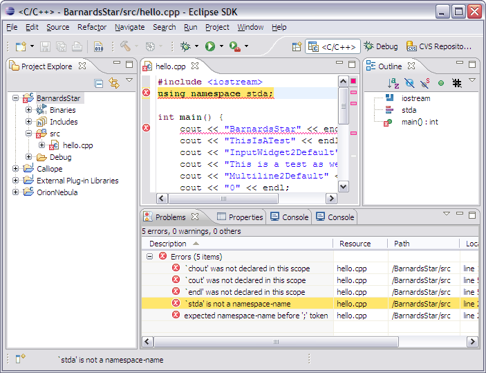 C/C++ Perspective in Eclipse showing code errors