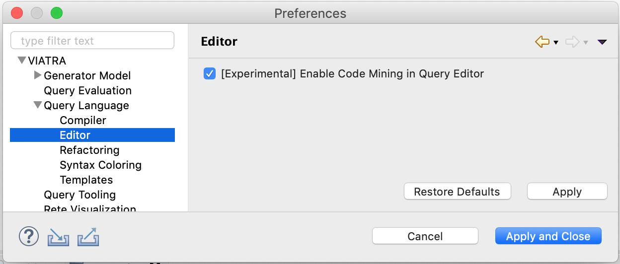 Preference Page to Enable Code Mining