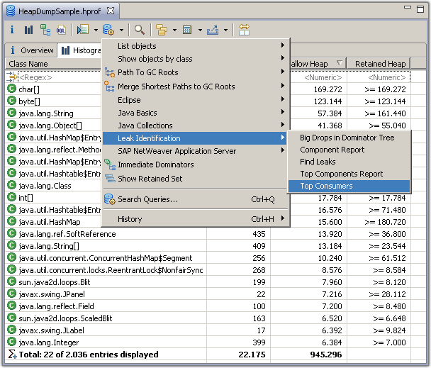 Screen shot selecting Leak Identification > Top Consumers query