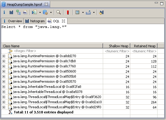 screen shot of query result