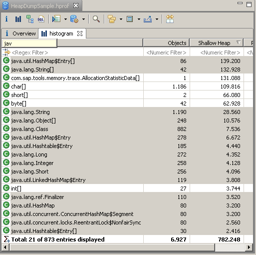 Histogram pane with user having typed jav showing all the lines containing jav highlighted.