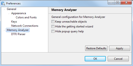 preferences page showing general options with DTFJ subpage