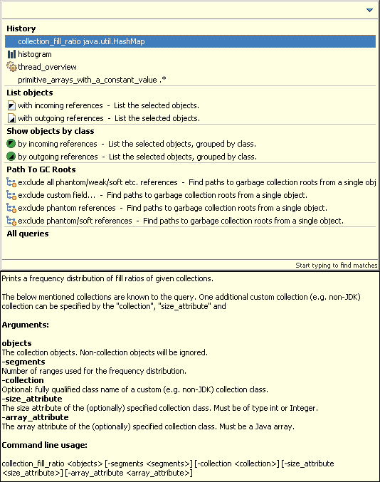 Query selection pop-up showing history and other queries