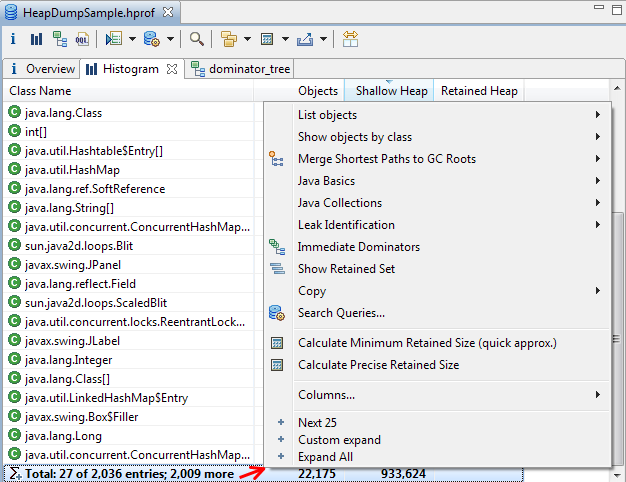 Context menu for totals row showing Total: 27 of 2,036 entries; 2,009 more
