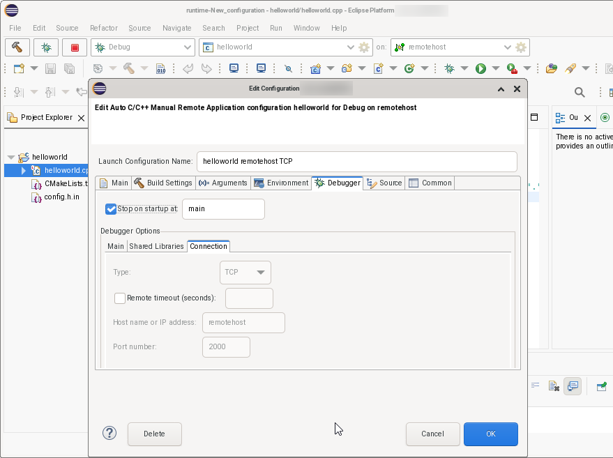Launch configuration debug tab TCP