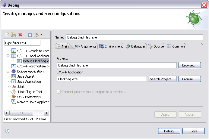 Debug launch configuration dialog