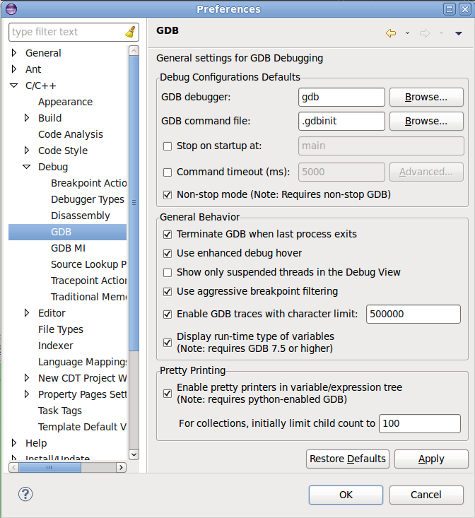 GDB preferences panel