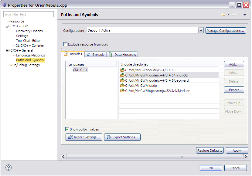 C/C++ File Properties, Paths and Symbols, Includes