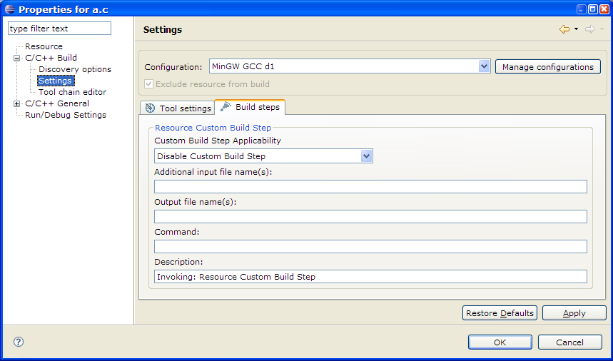 C/C++ File Properties, Build, Settings, Build Steps tab