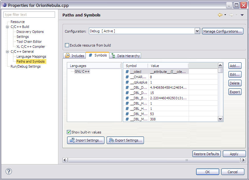 C/C++ File Properties, Paths and Symbols, Symbols