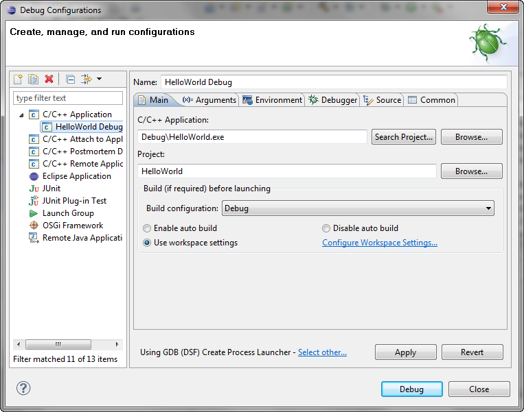 C/C++ Application debug configuration