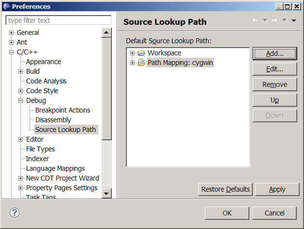 Debug Source Code Locations Preferences