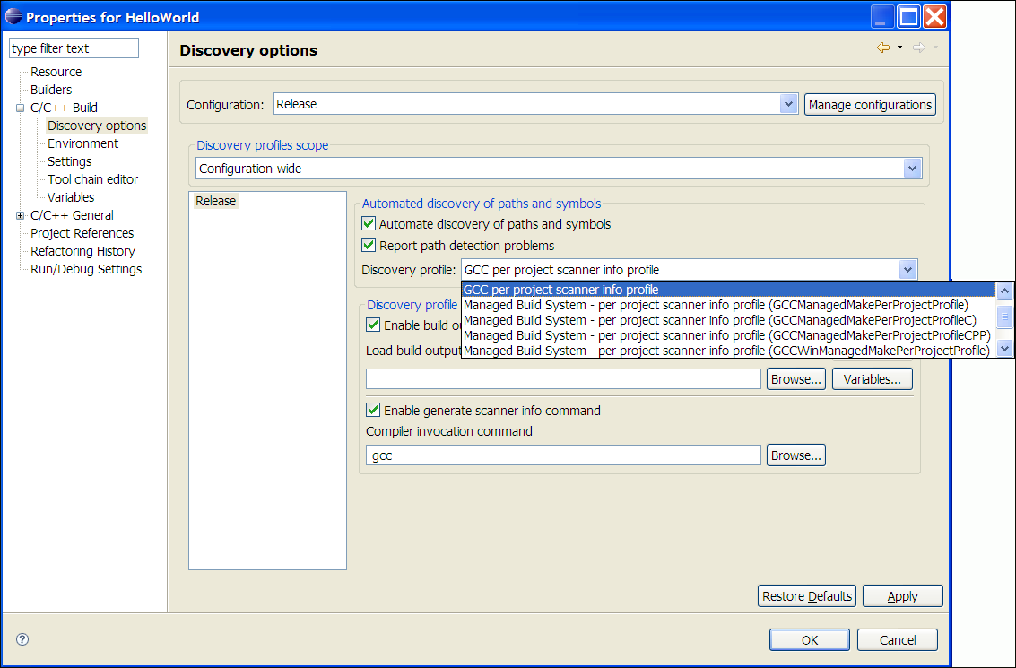 C/C++ Project Properties, Discovery Options