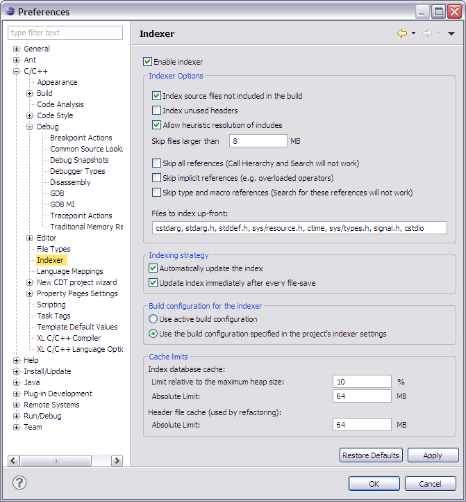 Indexer Preferences Window