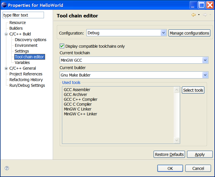 Tool chain editor preferences