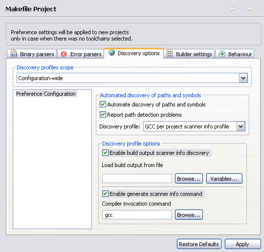 Makefile project - discovery options page