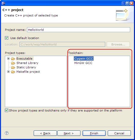 New Project Wizard, Select a toolchain