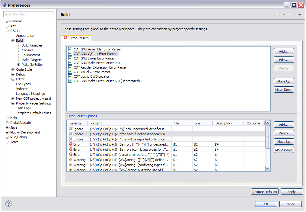 Build Preferences Panel