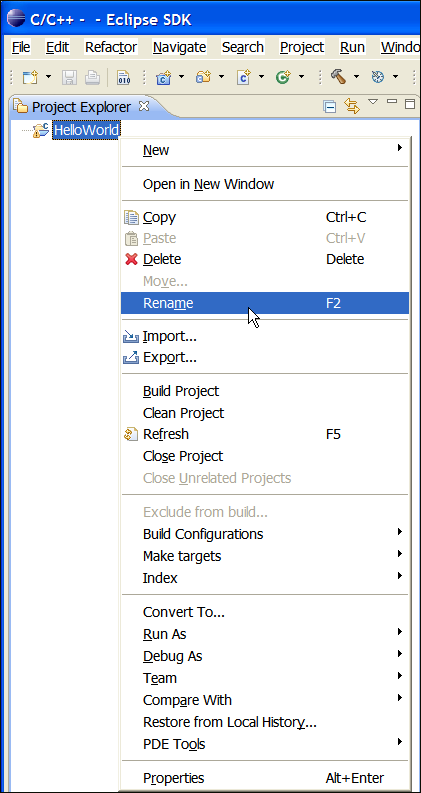 Project Properties menu highlighting Rename