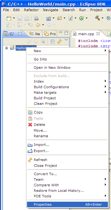 Selecting C/C++ Project Properties