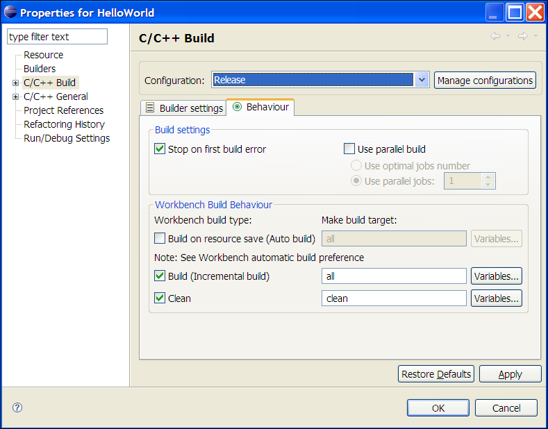 C/C++ Project Properties, C/C++ Build