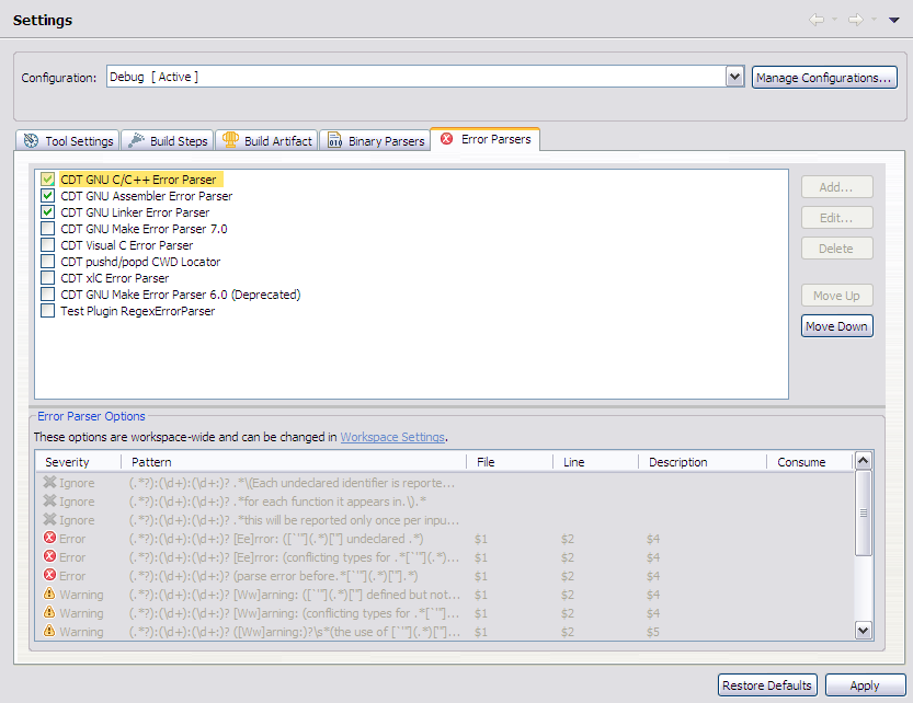 C/C++ Project Properties,  Build, Settings, Error Parsers