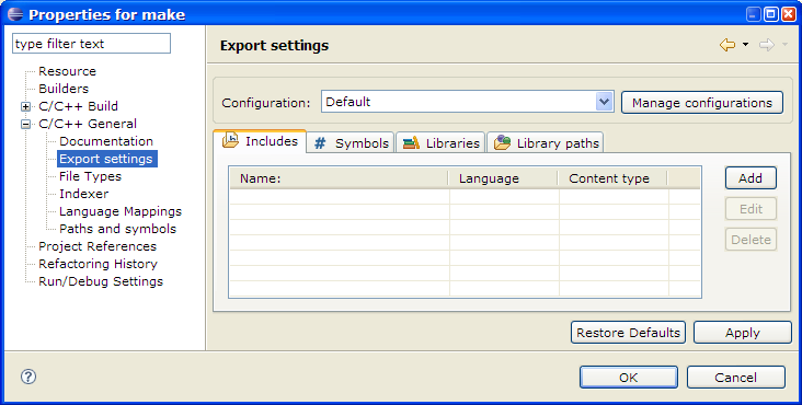 C/C++ Project Properties, General, Export page