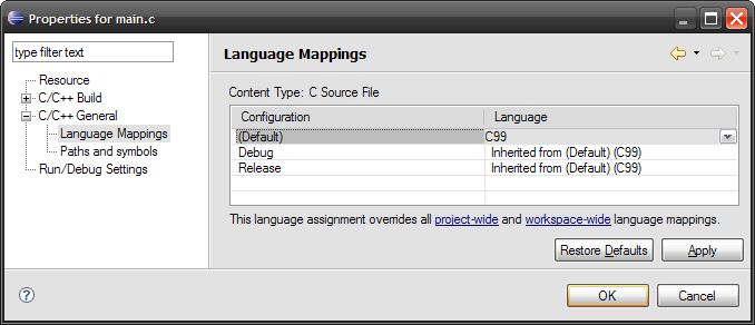 C/C++ Project Properties, Language mapping