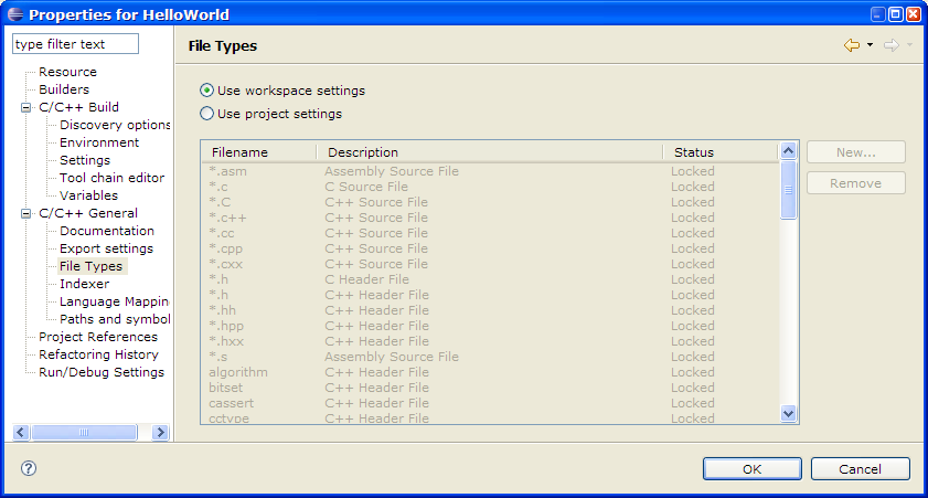 C/C++ Project Properties, File Types