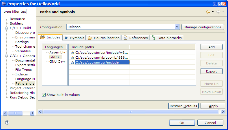 C/C++ Project Properties, Paths and Symbols, Includes