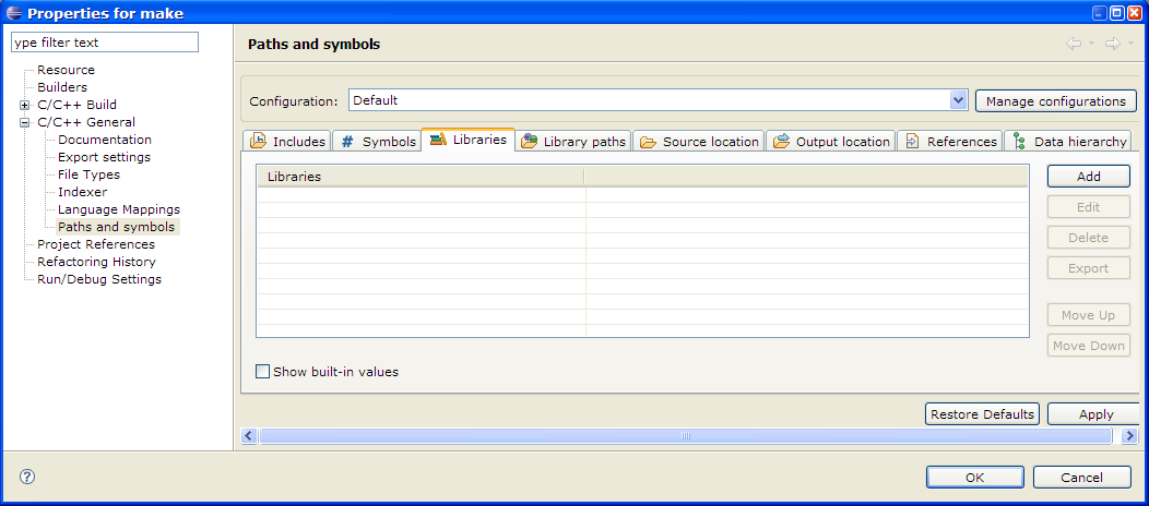 C/C++ Project Properties, Paths and Symbols, Libraries