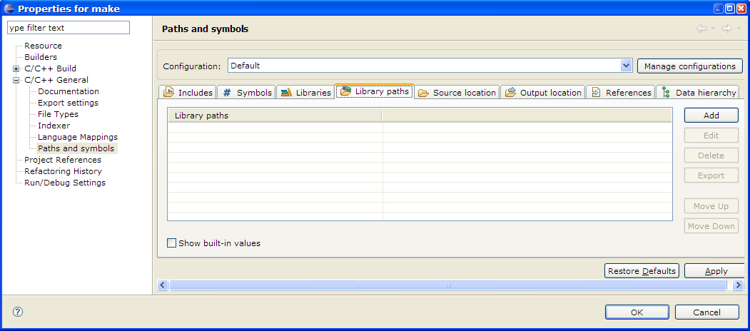 C/C++ Project Properties, Paths and Symbols, Library paths