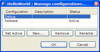 C/C++ Project Properties, Manage Configuration Dialog