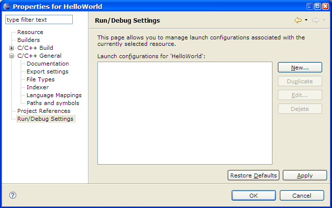 C/C++ Properties, Run and Debug settings