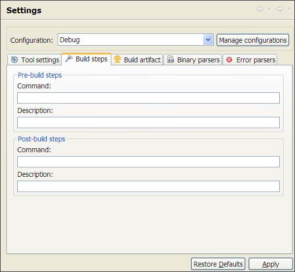 C/C++ Properties, Build, Settings, Build Steps tab