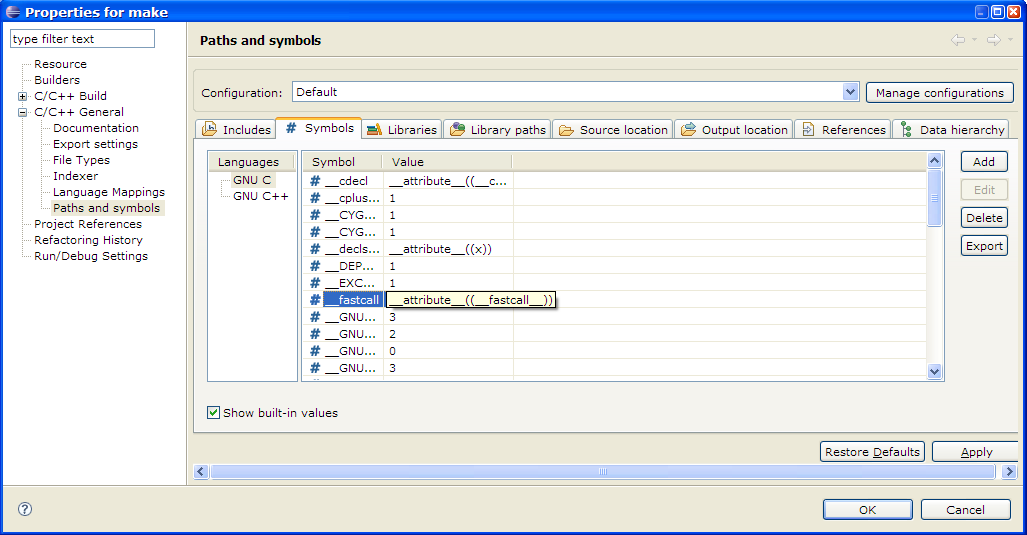 C/C++ Project Properties, Paths and Symbols, Symbols