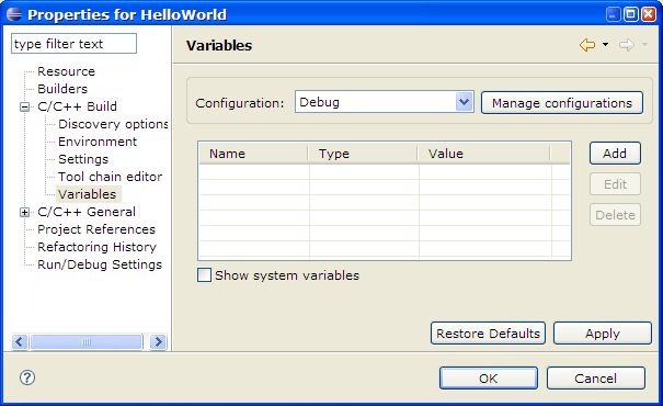 C/C++ Project Properties, Variables