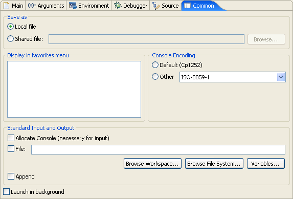 Common page, Run or Debug dialog box