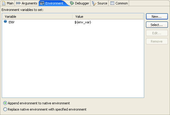 Environment page, Run or Debug dialog box