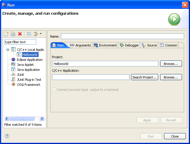 Main page, Run or Debug dialog box