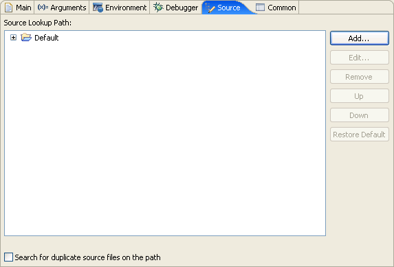 Source page, Run or Debug dialog box