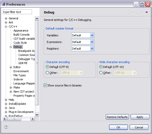 C/C++ Debug preferences panel