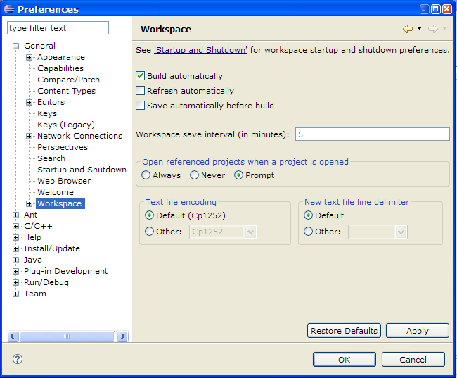 Workbench Properties options window