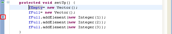 VectorTest.java editor showing added breakpoint