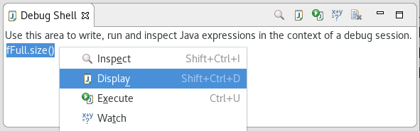 Debug Shell view with fFull.size selected and showing context menu