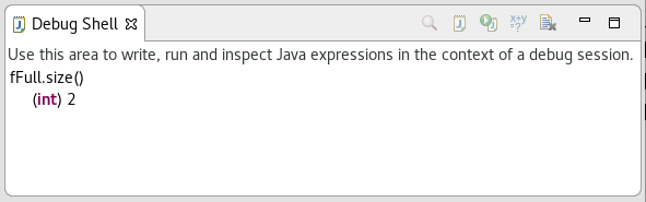 Debug Shell view showing evaluation result: (int) 2