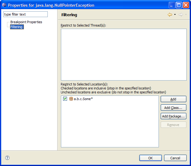 Java Breakpoint Exception Filtering Properties Page