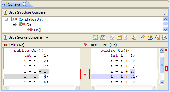 Picture of 3-paned editor. Top pane compares project structure; bottom 2 panes (side by side) compare lines of source.