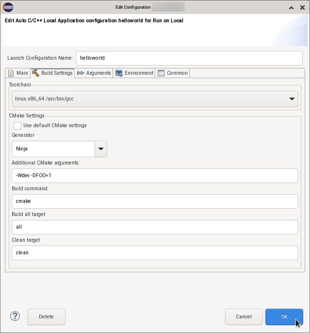 CMake build settings tab