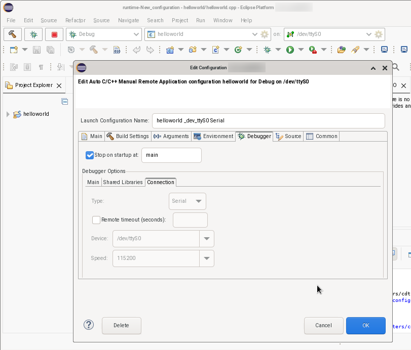 Launch configuration debug tab Serial